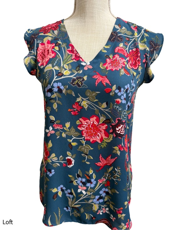 LOFT Tops - LOFT Teal Floral V-Neck Blouse